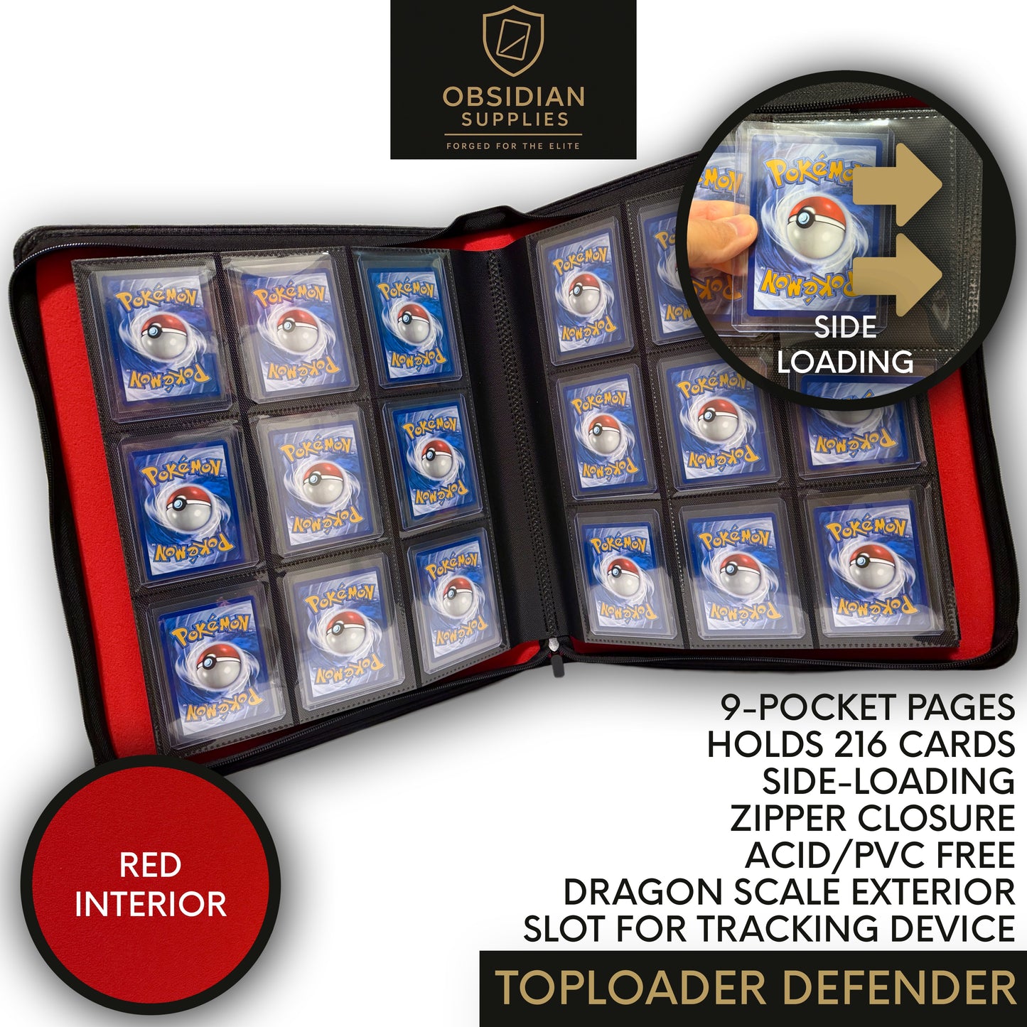 Trackable Top Loader Binder – Premium Top Loader Binder | Obsidian Supplies | 216 CT | 24 Page | Tracking Device Slot