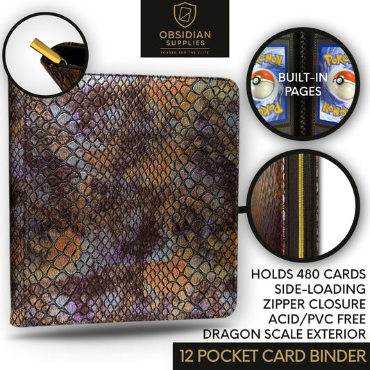 Obsidian Supplies – 12-Pocket Dragon Scale Premium Trading Card Binder | Casino Red Interior | Zippered | 480-Card Capacity