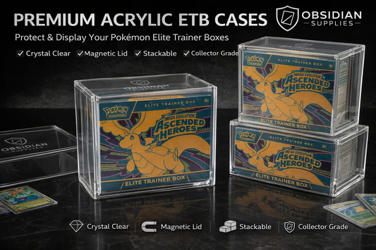 Pokémon Elite Trainer Box cases with Obsidian Supplies branding on a dark surface.