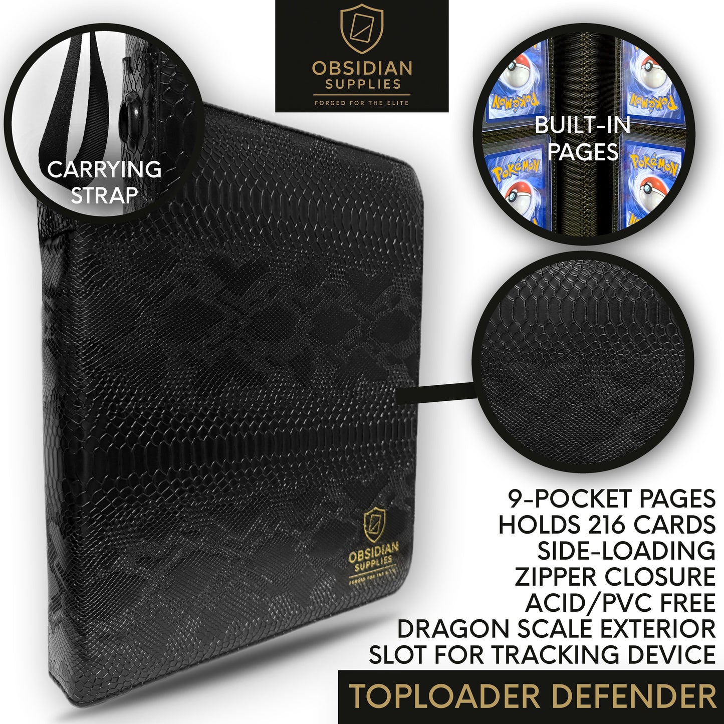 Trackable Top Loader Binder – Premium Top Loader Binder | Obsidian Supplies | 216 CT | 24 Page | Tracking Device Slot