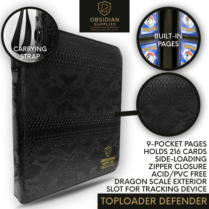 Trackable Top Loader Binder – Premium Top Loader Binder | Obsidian Supplies | 216 CT | 24 Page | Tracking Device Slot